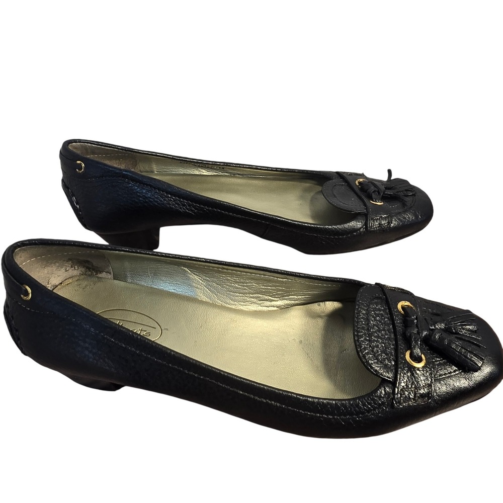 Talbots Black Pebbled Leather Tassel Loafer Pumps Low Block Heel Gold Hardware - Picture 4 of 16